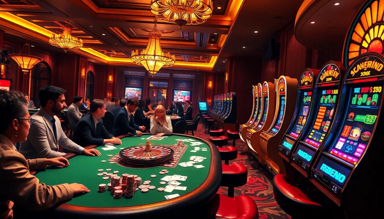Experience the thrill of sunwin at a luxurious casino with vibrant poker and slot games.