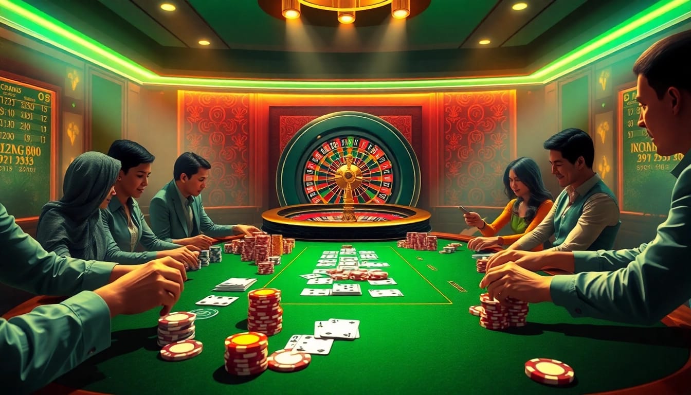 Exciting gambling scene at OPEN88 with vibrant poker chips and a roulette wheel.
