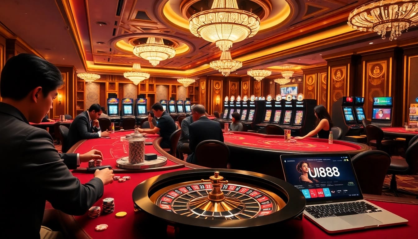 Experience the excitement of U888 with elegant casino gaming, featuring poker tables and vibrant roulette wheels.
