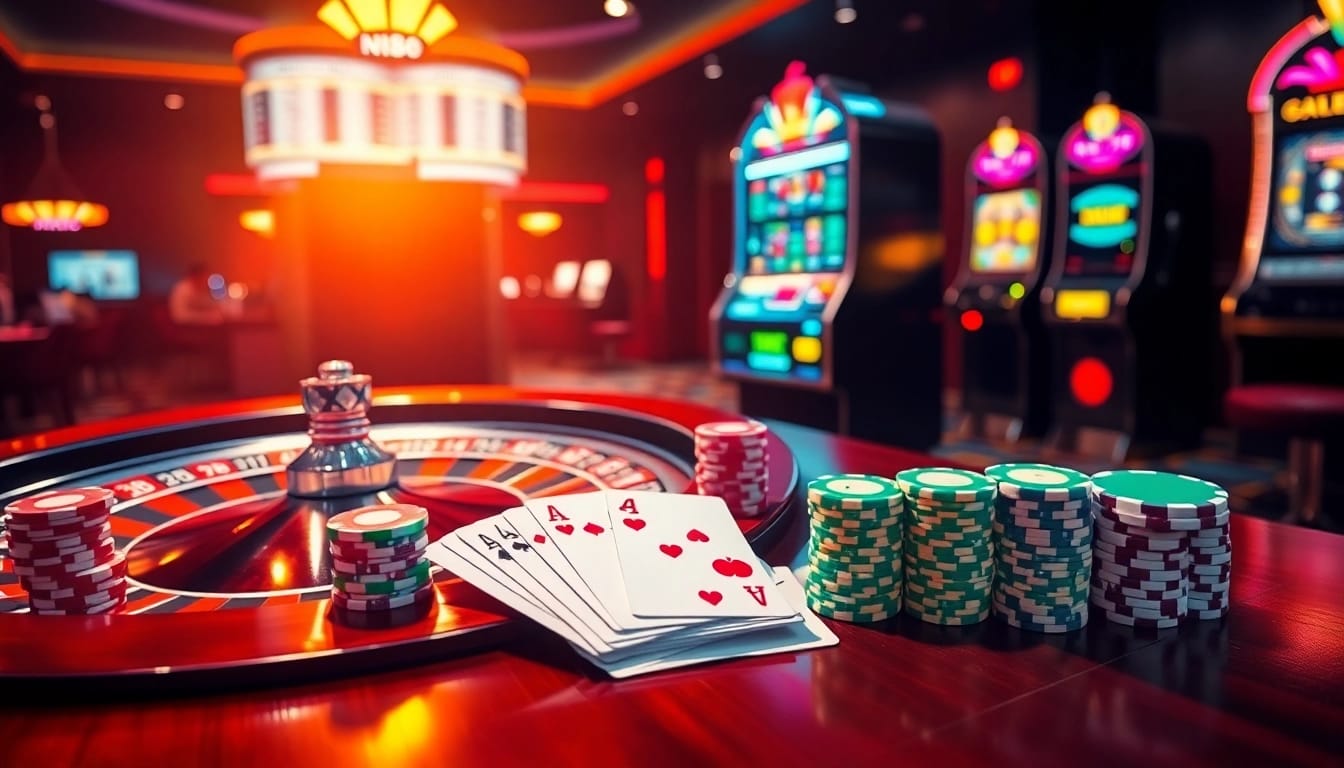 Players engage in thrilling games at N188 casino, featuring poker chips, cards, and a roulette wheel.