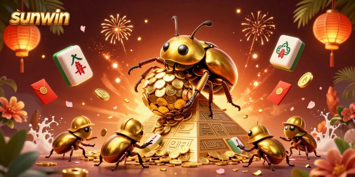 Experience the thrill with Sunwin as a golden beetle rolls coins to celebrate winning casino games.