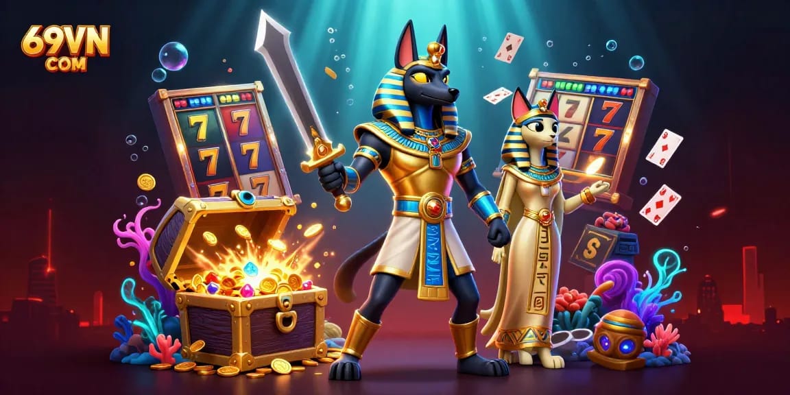 Spin to win with 69VN COM at vibrant online slot machines featuring Anubis and Bastet.