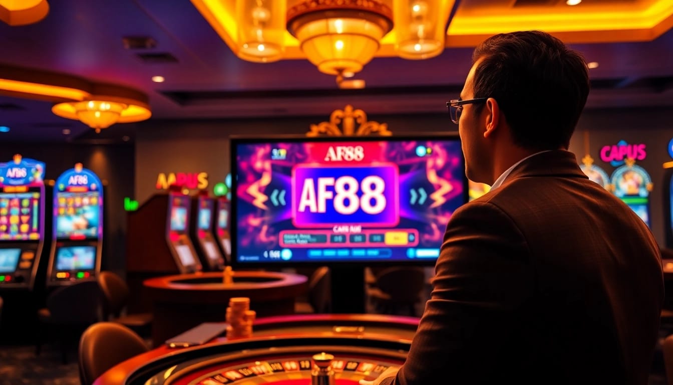 Experience the AF88 game excitement at a digital casino table with vibrant slots and chips.