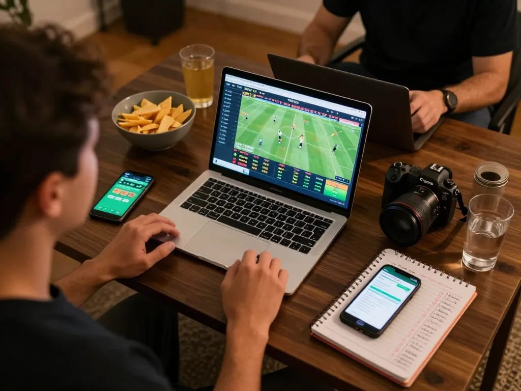 Sit at home and analyze soi kèo with live sports betting on laptop while enjoying snacks and drinks.