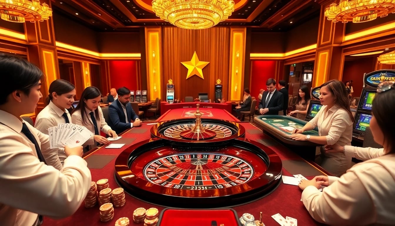 NK88 players engaging in an exciting online casino scene with roulette and poker tables.
