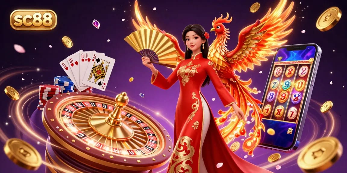 Spin the roulette wheel and win at sc88's vibrant online casino featuring gold coins and playing cards.