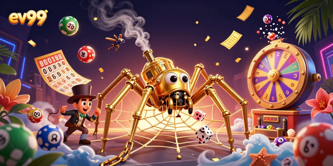 Engage with the vibrant world of ev99, where colorful lottery balls and golden games merge in a thrilling 3D casino illustration.