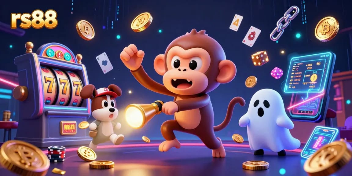 Experience thrilling gameplay at rs88 with a mischievous monkey juggling coins in a haunted casino.