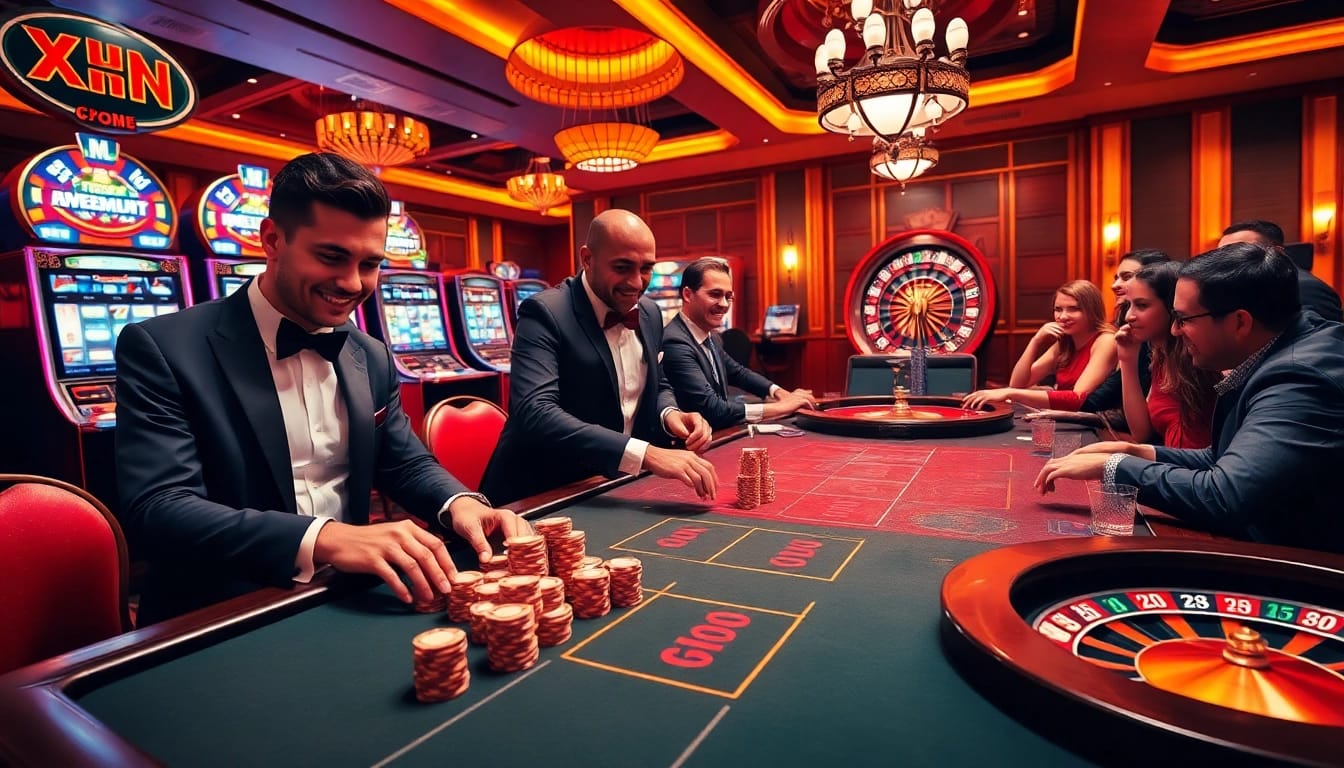 Players enjoying poker at XN88's luxurious casino table filled with vibrant chips.