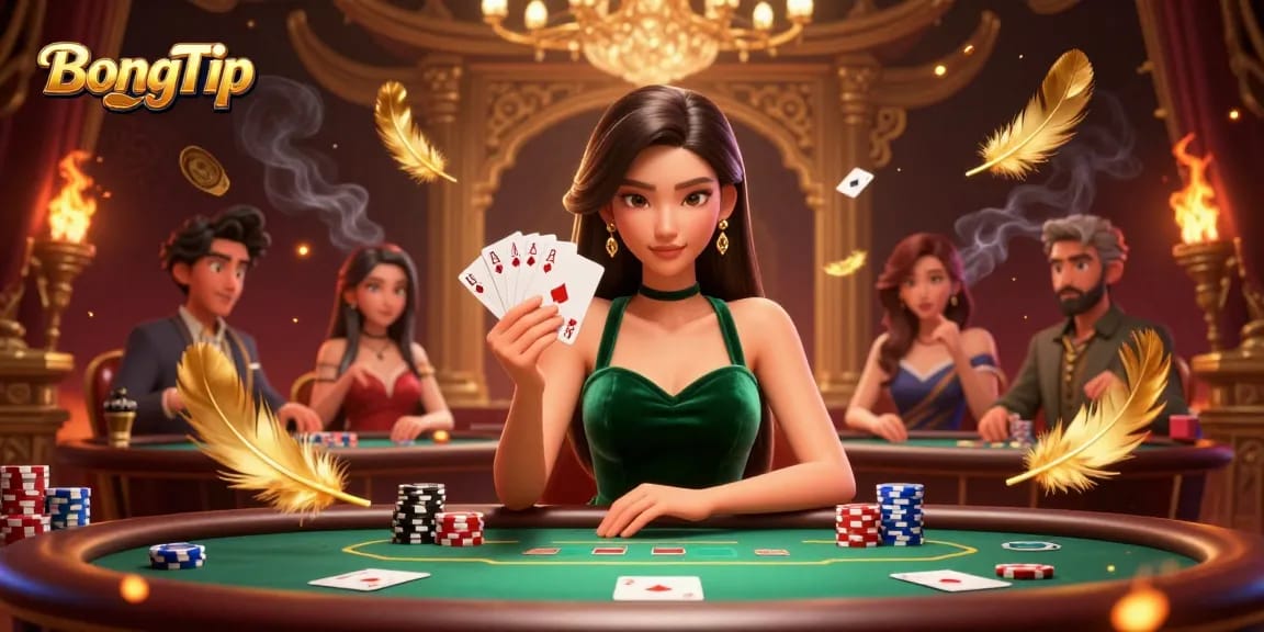 Engage in strategy-rich poker gameplay with BongTip at a lavish gaming table.