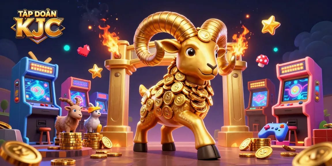 TẬP ĐOÀN KJC showcases a golden ram charging with vibrant gaming elements in a 3D casino scene.