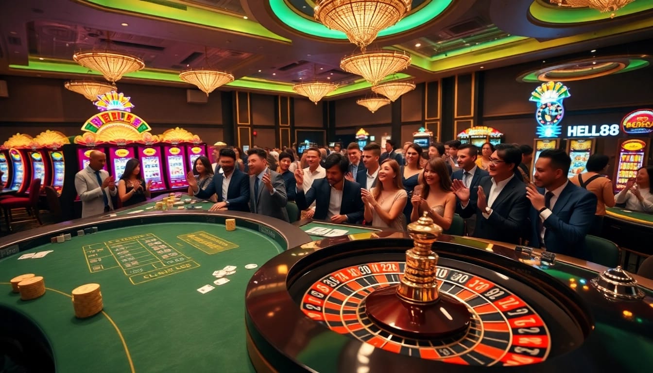 Experience thrilling gameplay at HELLO88, featuring vibrant casino tables and exciting slot machines.