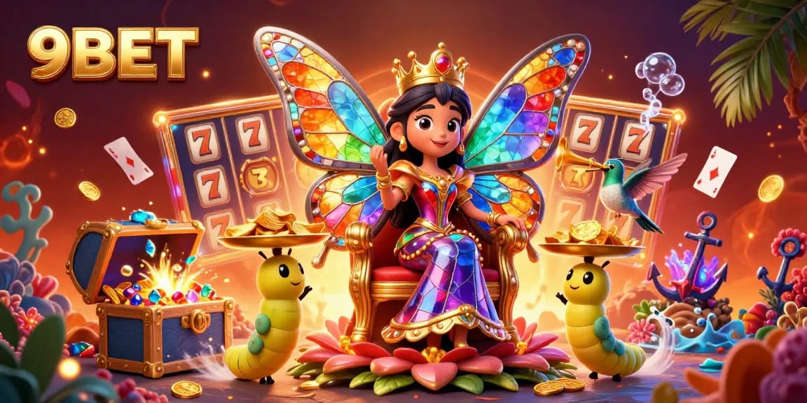 Experience thrilling gaming action with 9BET's vibrant casino illustration showcasing dynamic characters and iconic elements.