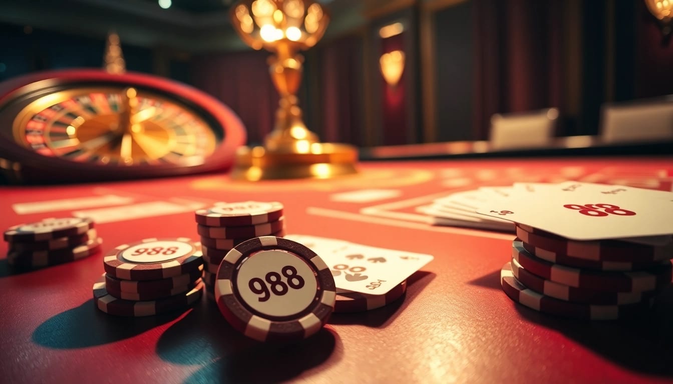 Poker players strategize with go 88 chips at a glowing casino table, showcasing excitement.