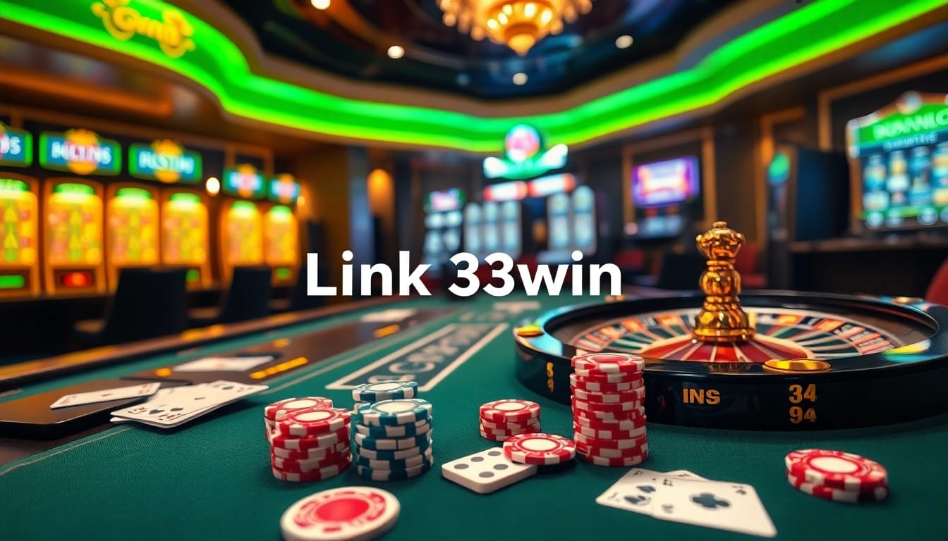 Experience thrilling casino action with Link 33win at vibrant tables, poker chips, and flashing slots.