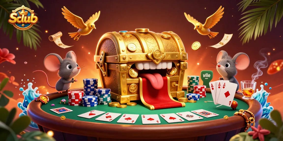 Engage with thrilling Sumclub games featuring a treasure chest and poker setup.