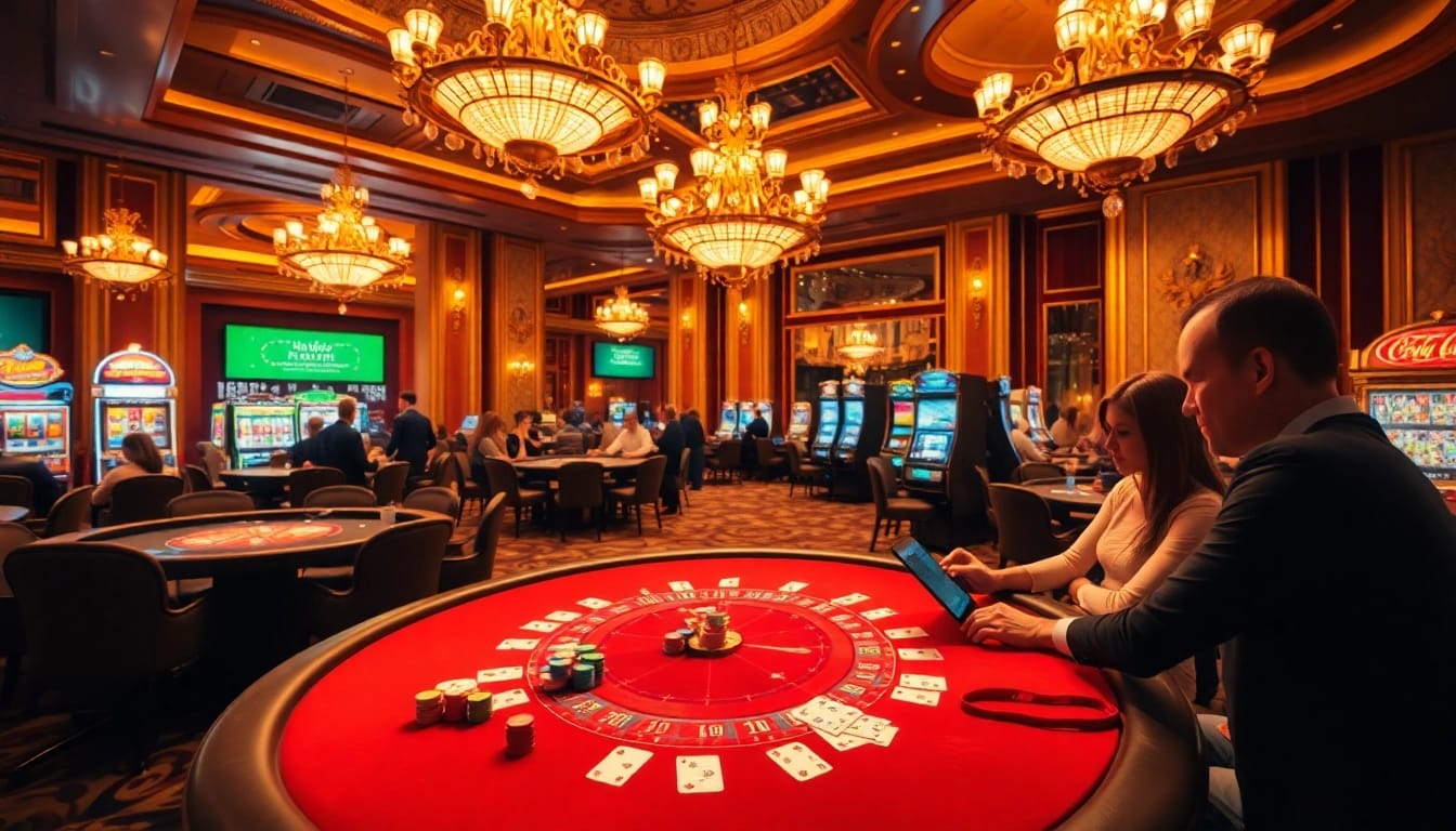 Exciting gambling scene featuring Haywin players at a vibrant poker table and slot machines.