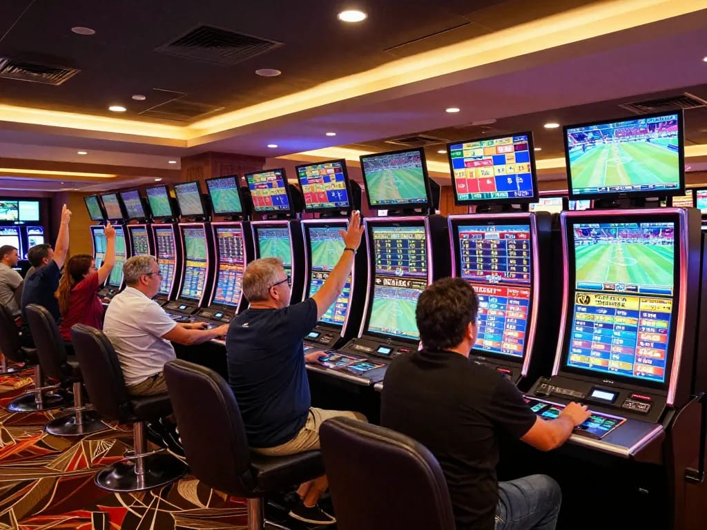 Exciting sports betting action at keo-nha-cai-vn, where bettors eagerly monitor live sports odds on large screens.
