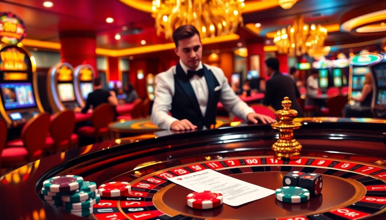 Experience the thrill of 88I at an upscale casino, with vibrant gaming elements like roulette, dice, and poker chips.