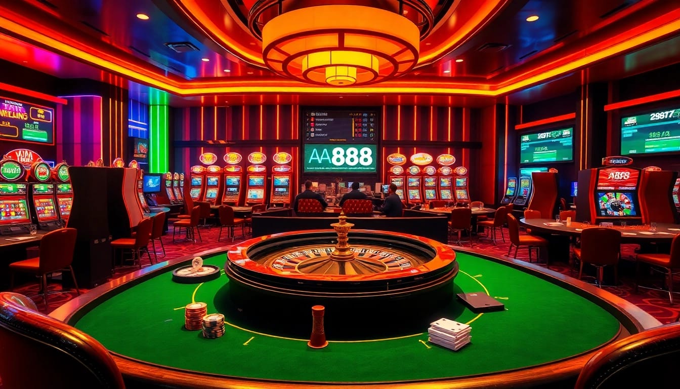 Experience the thrill of AA88 with players enjoying poker, roulette, and slot machines in a luxurious casino setting.