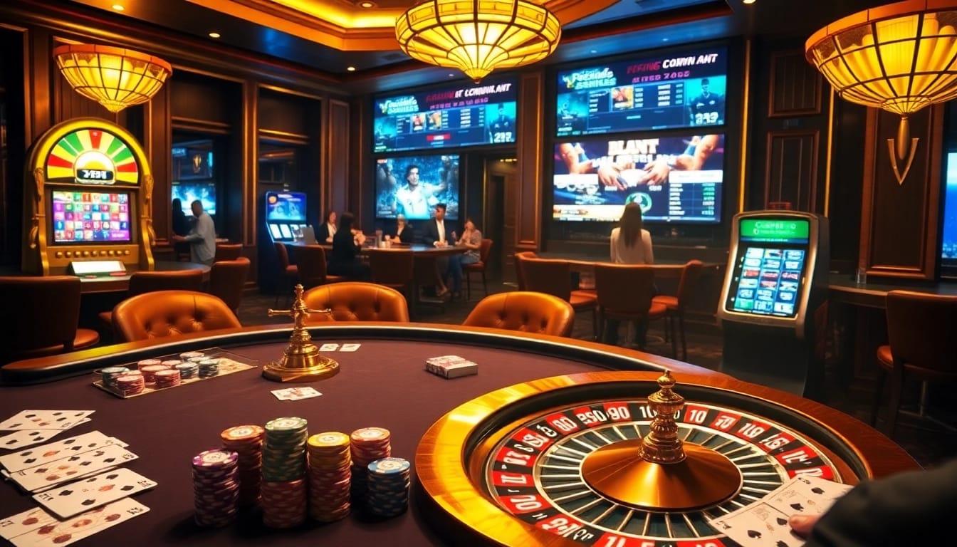 A lively scene of gamblers enjoying poker at 789bet, with poker chips and a spinning roulette wheel.
