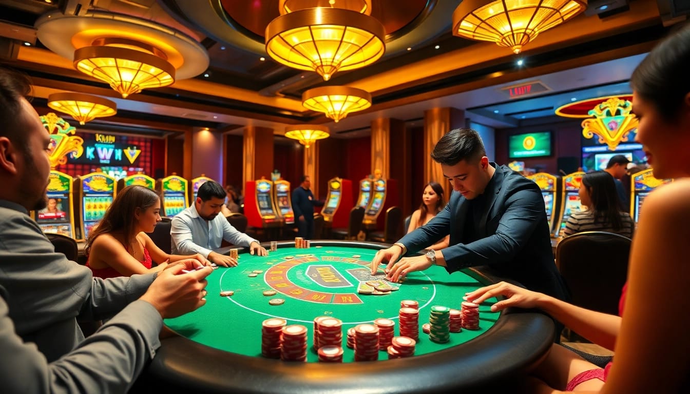 Engaging kkwin casino scene showcasing thrilling gameplay with vibrant poker table and enthusiastic players.