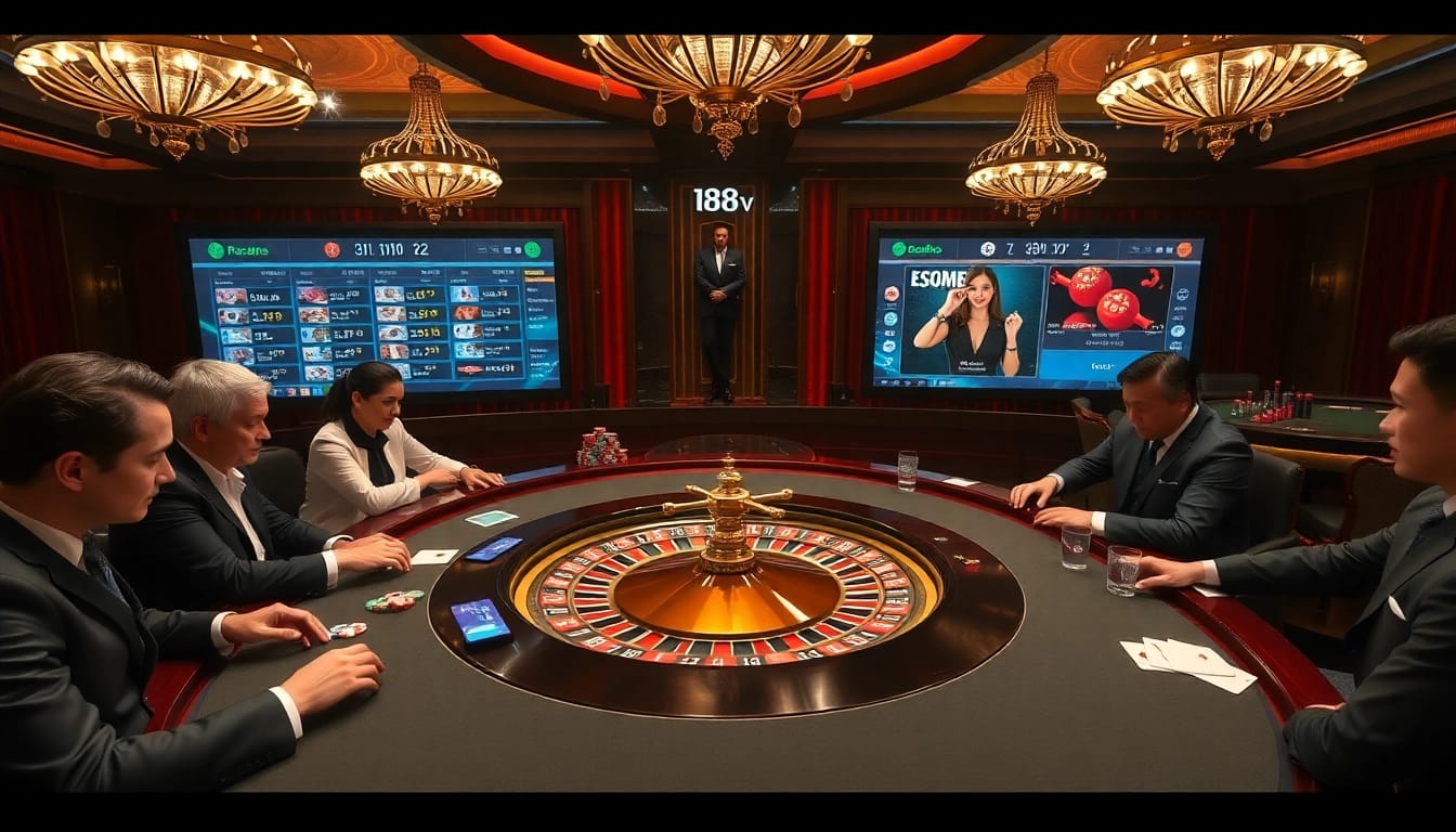 Experience thrilling gameplay at https://188v.today/ with vibrant roulette tables and poker chips in a luxurious setting.