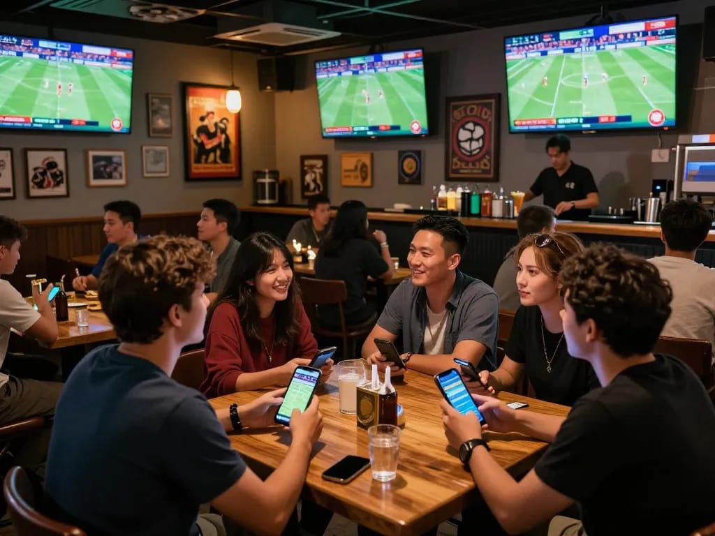 Sports fans engaging in betting activities with mobile apps at a lively sports bar showcasing bongdalu.