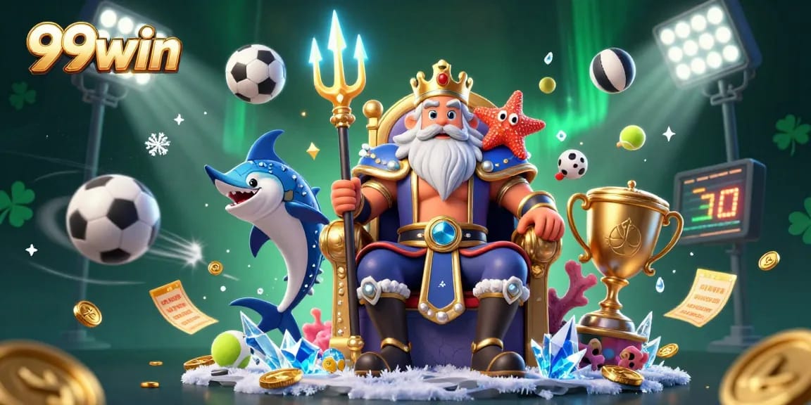Bet big with 99win in this vibrant casino scene featuring Neptune and dynamic sports action.