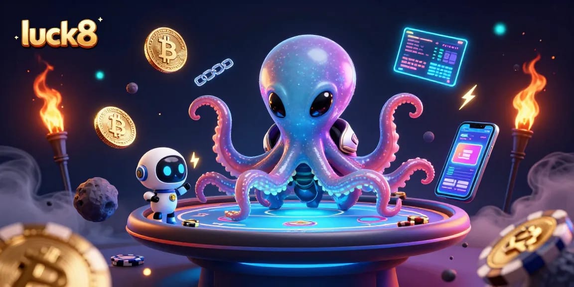 Experience luck8 action in a vibrant casino scene featuring an alien octopus and crypto elements.