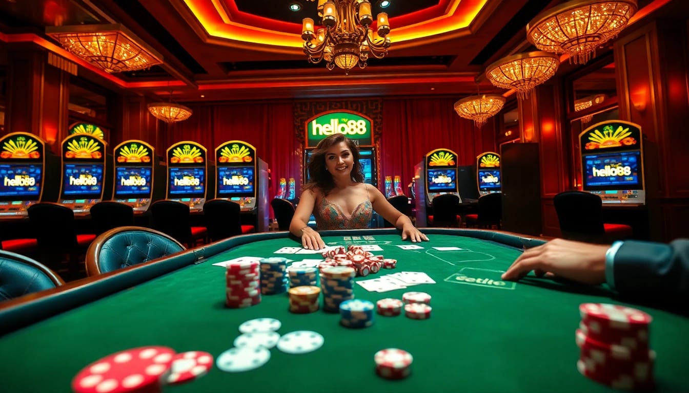 Players enjoying a thrilling game at hello88 casino, featuring vibrant tables and exciting betting.
