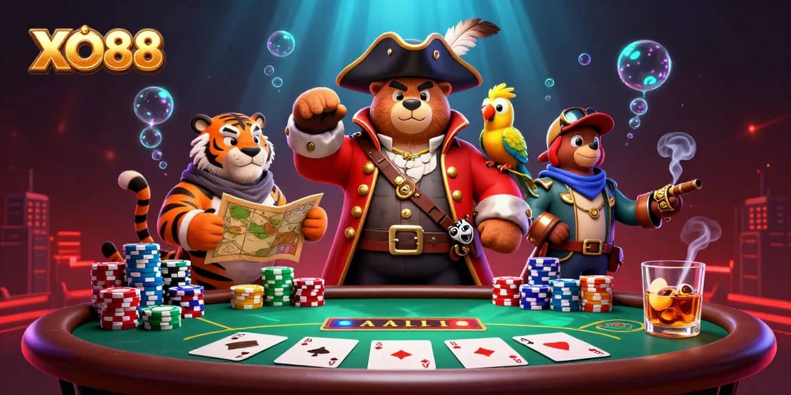 Engage with XO88's thrilling poker adventure featuring a bear captain and his crew.