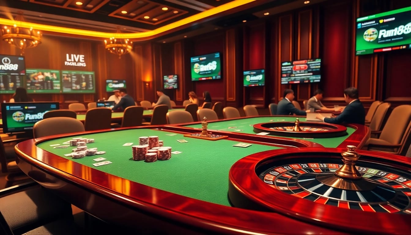 Engaged players exploring the Fun88 link at a vibrant poker table with casino ambiance.