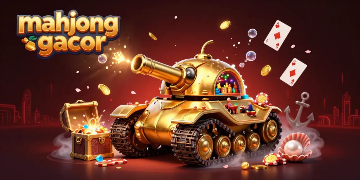 Experience the exciting features of mahjong gacor as golden coins and playing cards swirl around a vibrant casino scene.