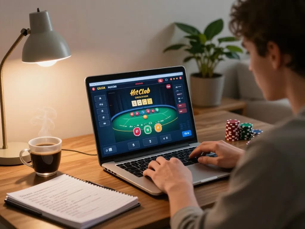 Player strategizing for hitclub poker game online in a cozy home setting