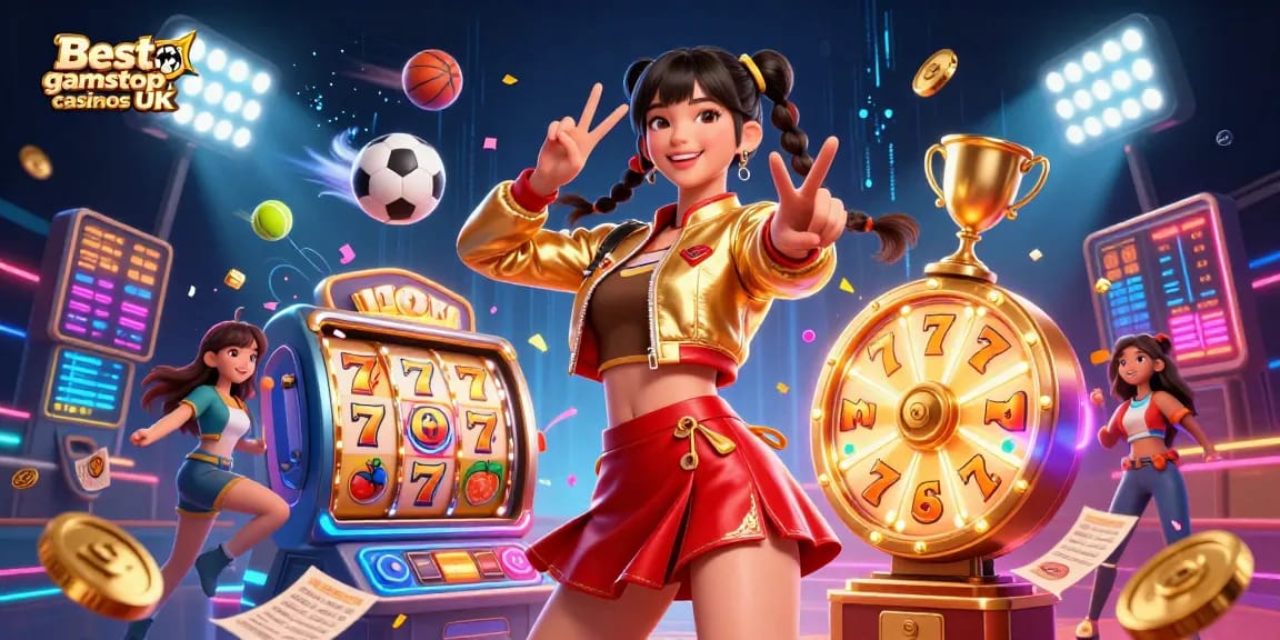 Engage with the vibrant world of the Best non gamstop casinos UK featuring lively gaming elements and a stunning character.