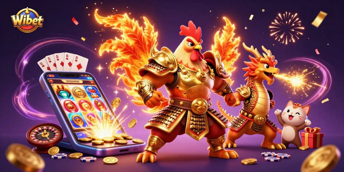 Win big with Wibet in an epic casino scene full of vibrant game elements and dynamic characters.