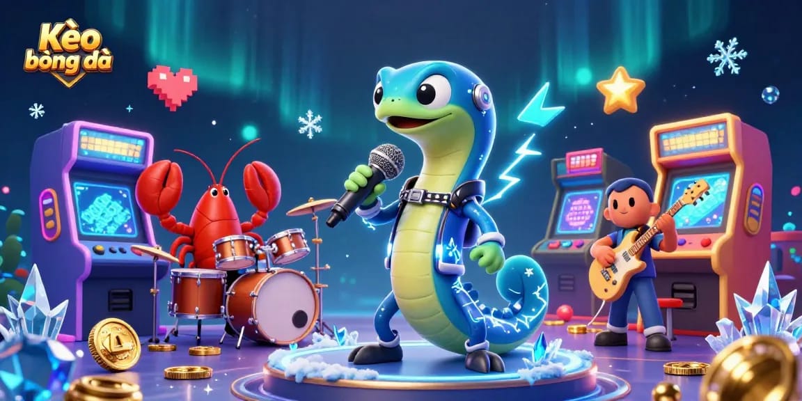 Kèo bóng đá showcases a dynamic underwater casino scene with a DJ eel, supporting musicians, and vibrant gaming elements.