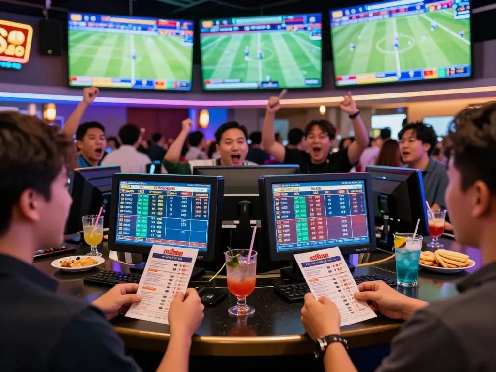 Betting enthusiasts engaging in kèo bóng da88 at a lively casino with vibrant screens and betting slips.