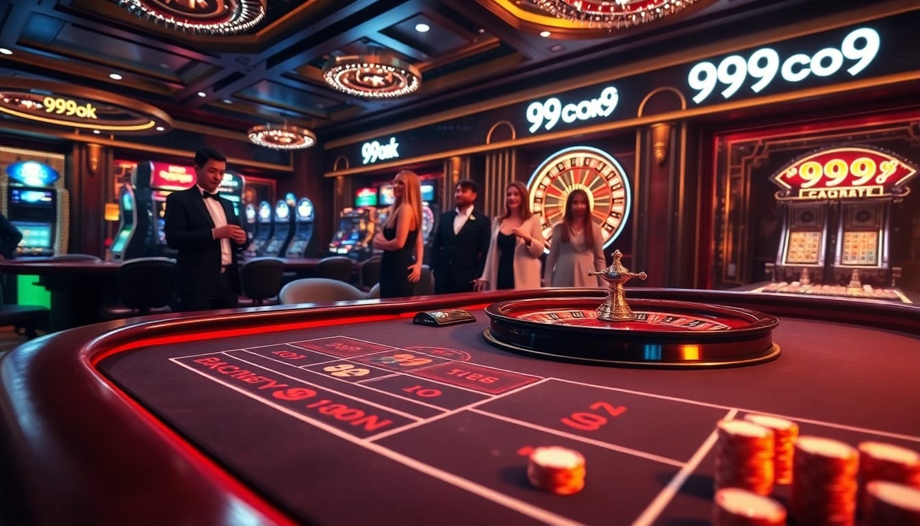 Players engage excitedly at a baccarat table in a luxurious casino setting, showcasing 99ok gaming excellence.