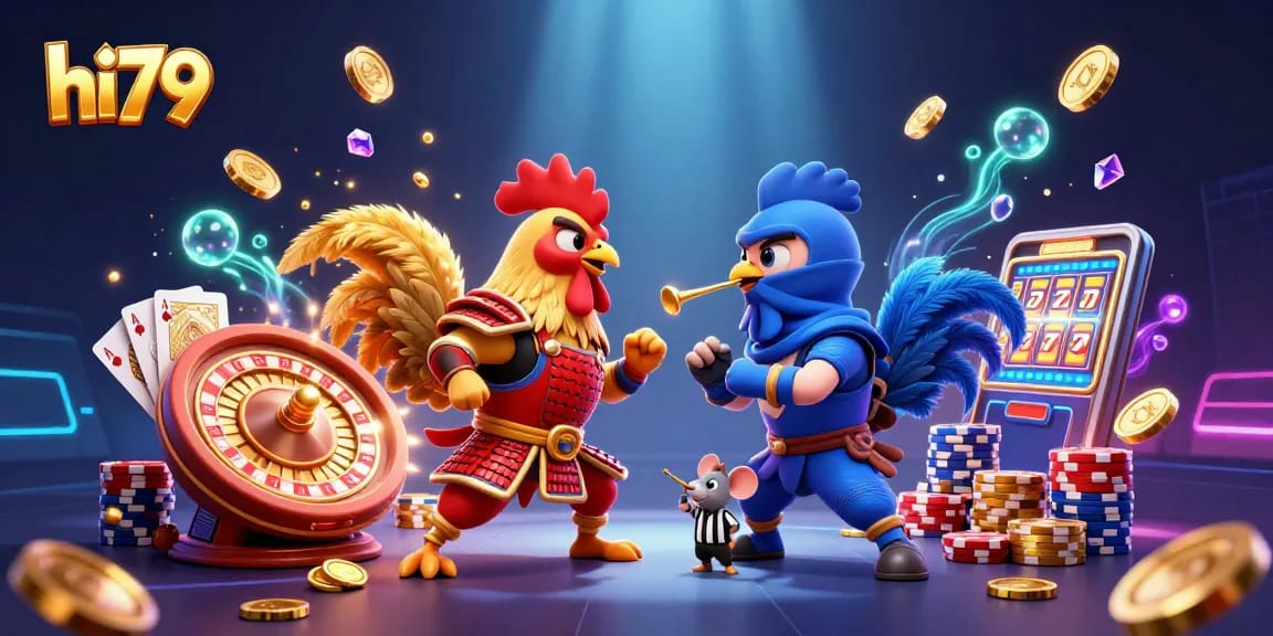 Experience a thrilling standoff with hi79-themed roosters, dynamic casino elements, and captivating energy.