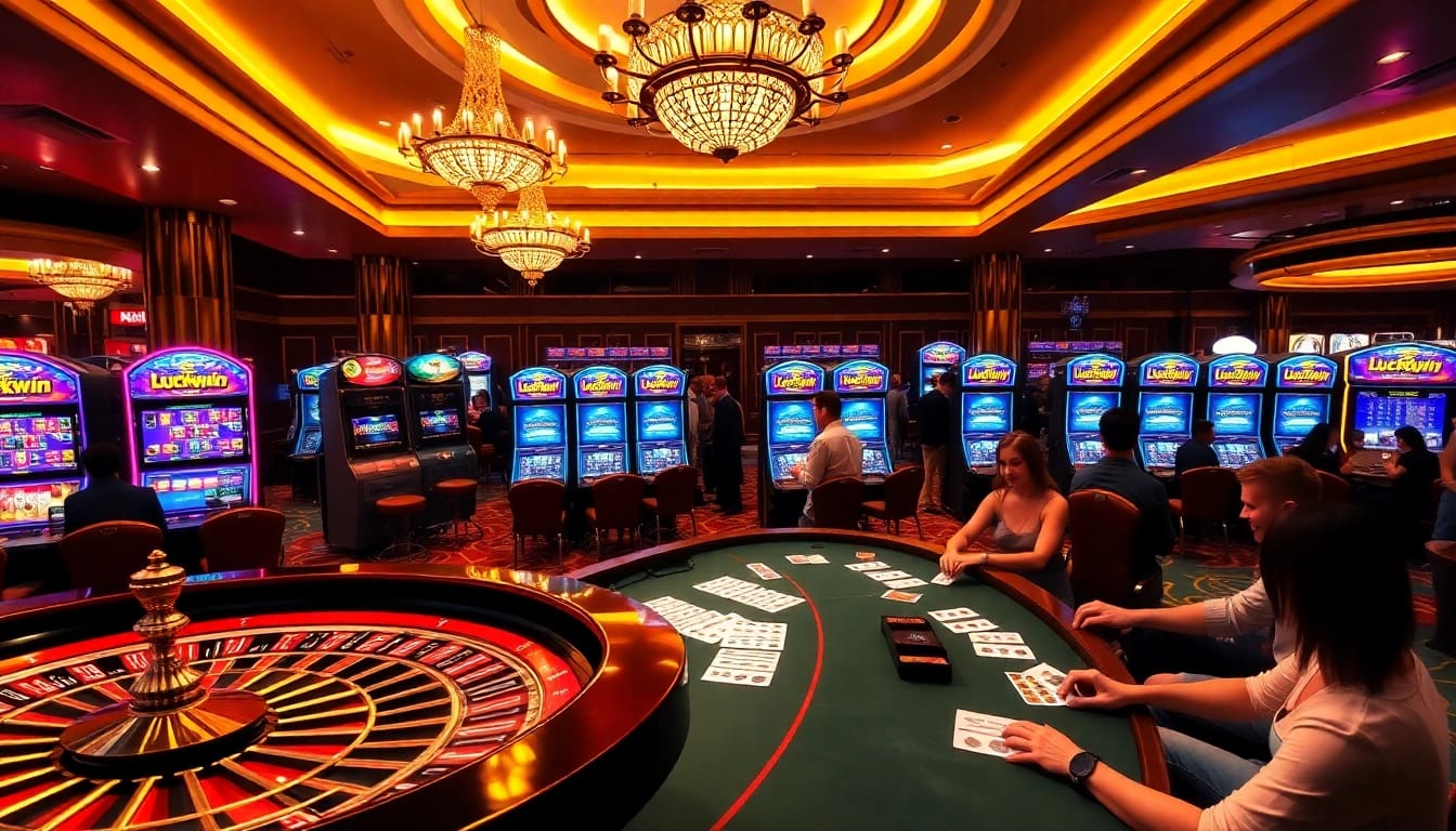 Players enjoying high-stakes games at Luckywin casino, featuring vibrant slots and roulette.