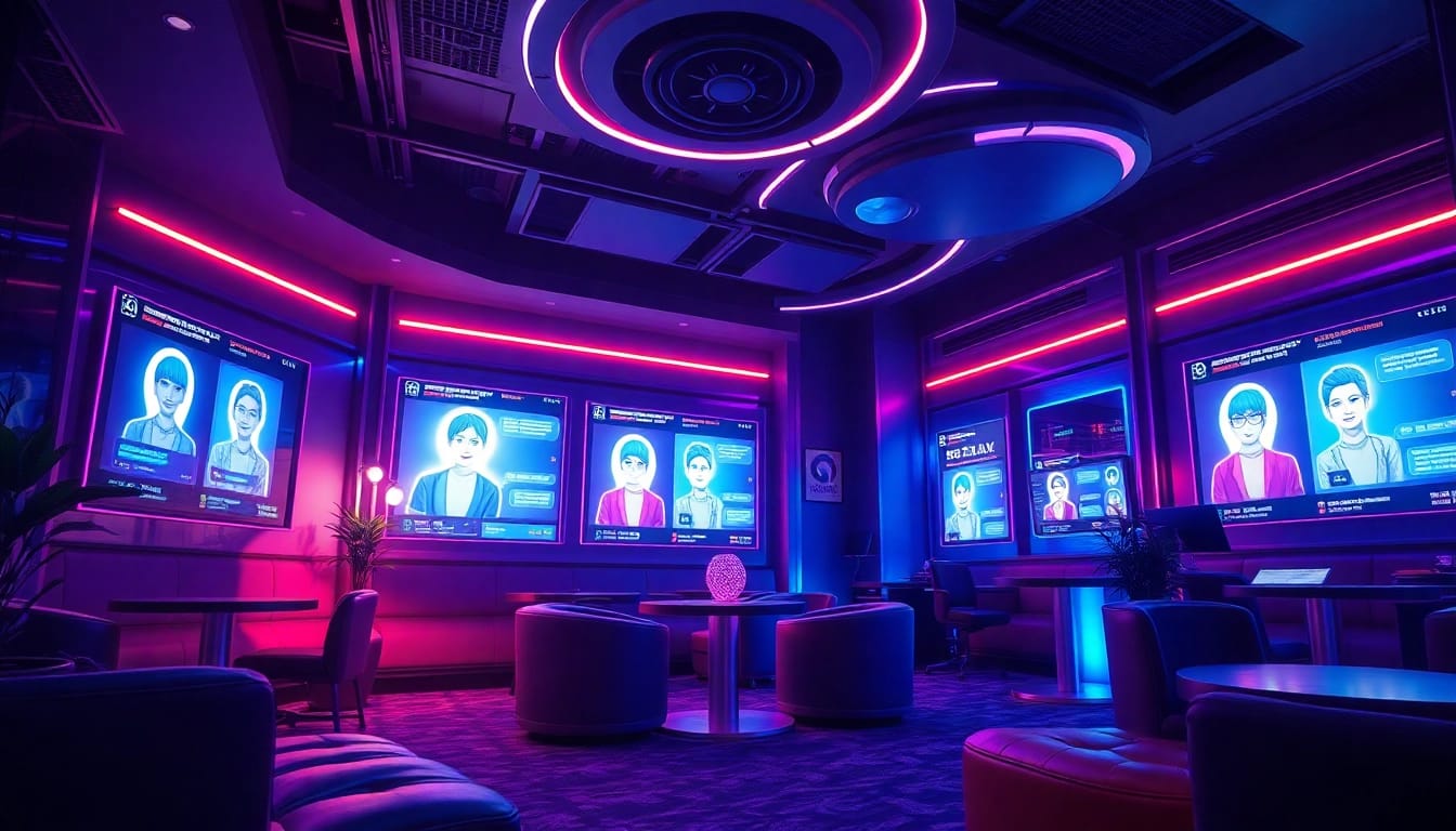 Futuristic digital lounge illustrating engaging AI NSFW experiences with lively character interactions and immersive ambiance.