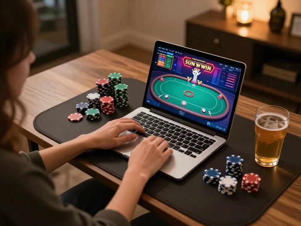 Engaged in sun win online gaming with vibrant display and poker chips on stylish desk.