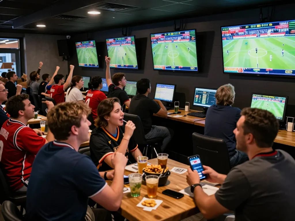 Experience exhilarating sports betting at 7mcn with excited patrons analyzing odds and cheering for their teams.