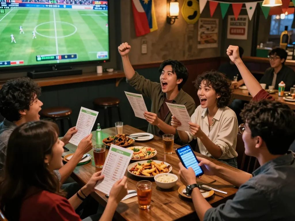 Friends actively engaging in sports betting while discussing tỷ lệ kèo nhà cái, with mobile devices and betting slips in view.