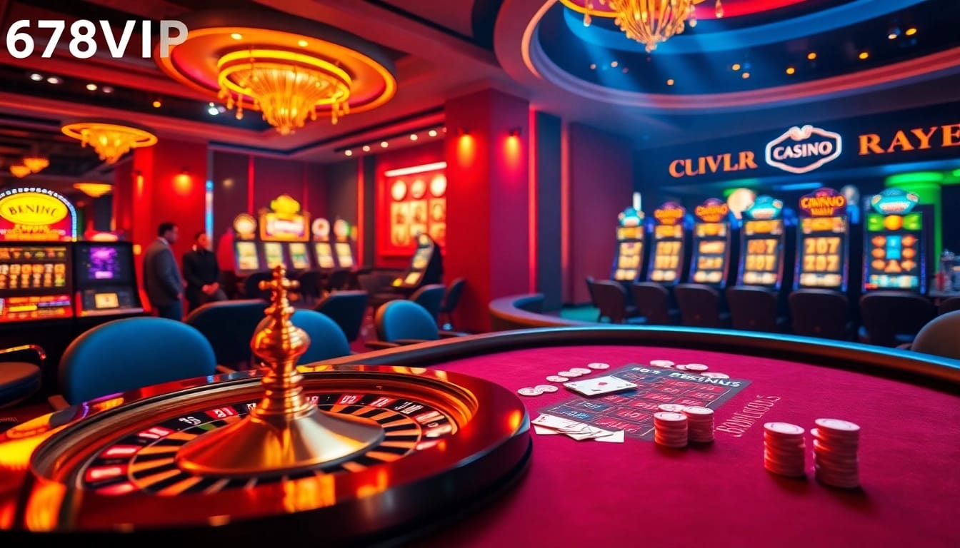 Experience the excitement of gambling at 678VIP with vibrant poker tables and roulette wheels.