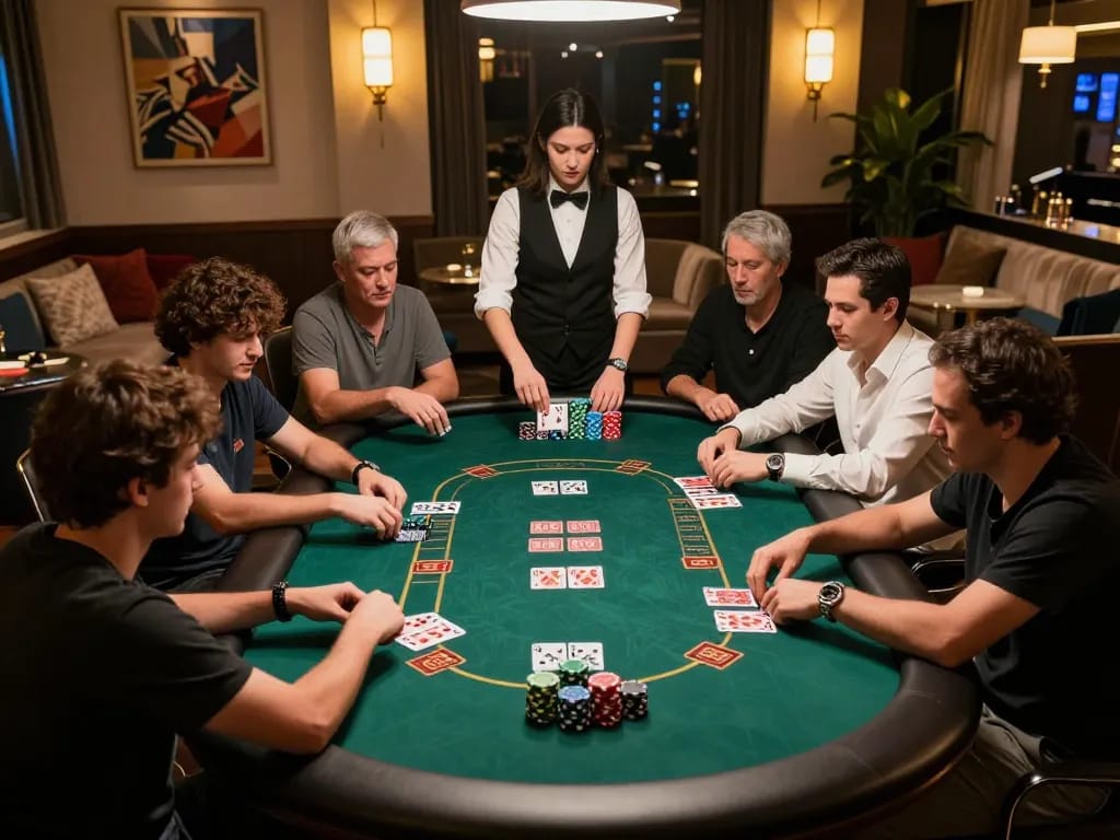 Experience competitive poker at GO8's luxurious gaming lounge, showcasing intense player focus and premium ambiance.