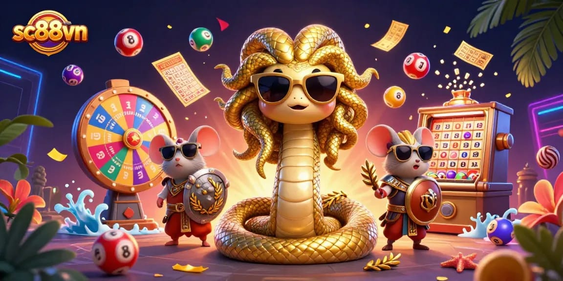 Engage in thrilling lottery adventures with sc88vn's dynamic gambling illustration featuring lucky symbols.
