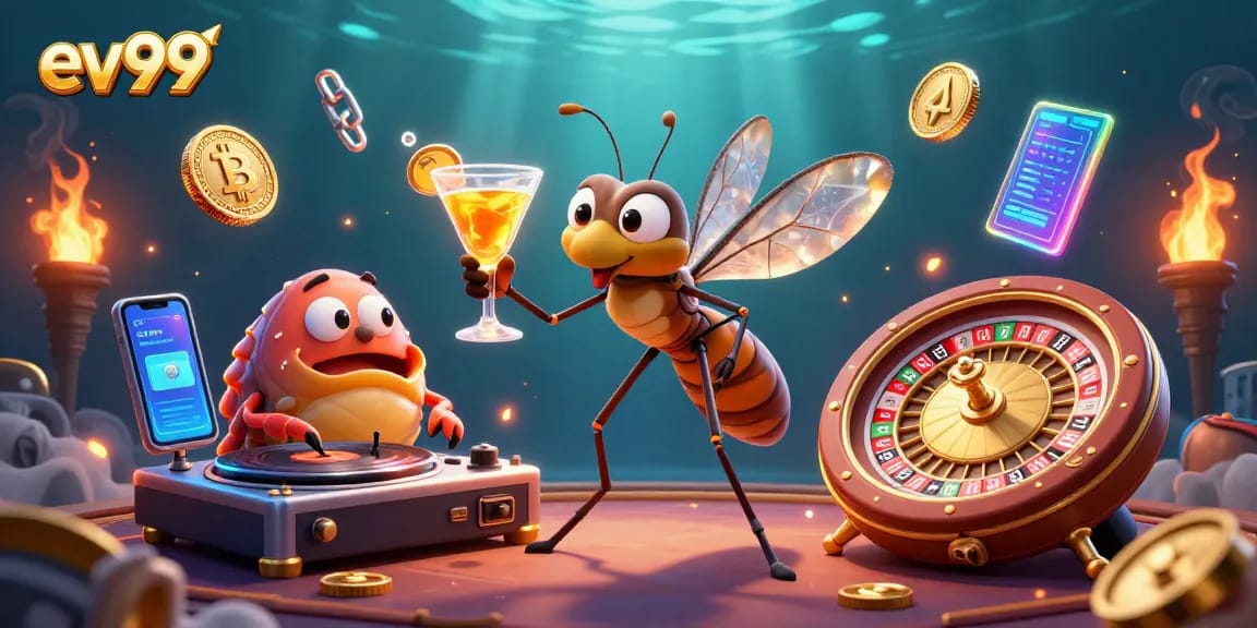 ev99 captivates with a vibrant casino scene featuring a frozen mosquito and trilobite DJ.